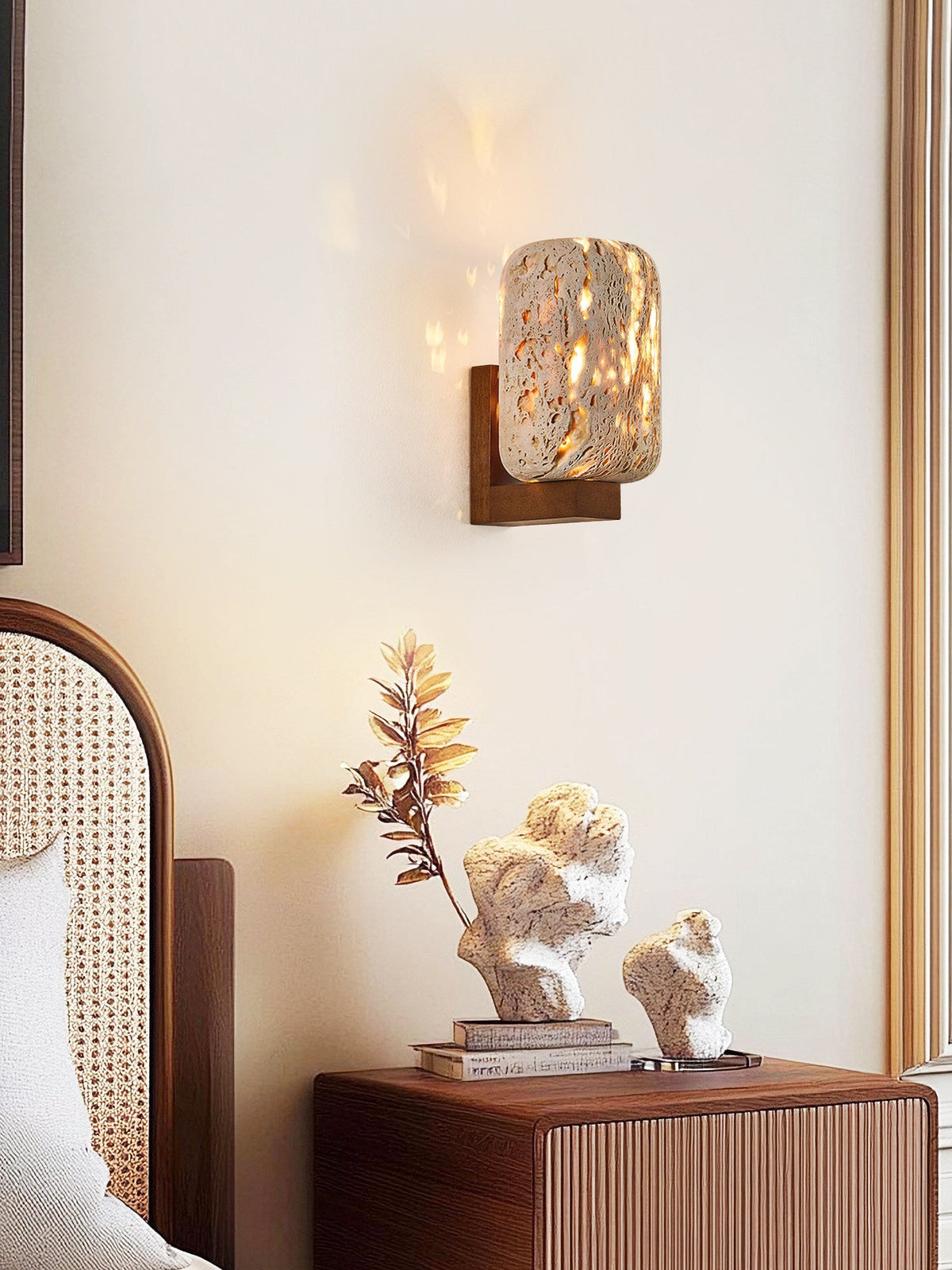 Edenstone Travertine Wall Sconce with Walnut Wood Accent