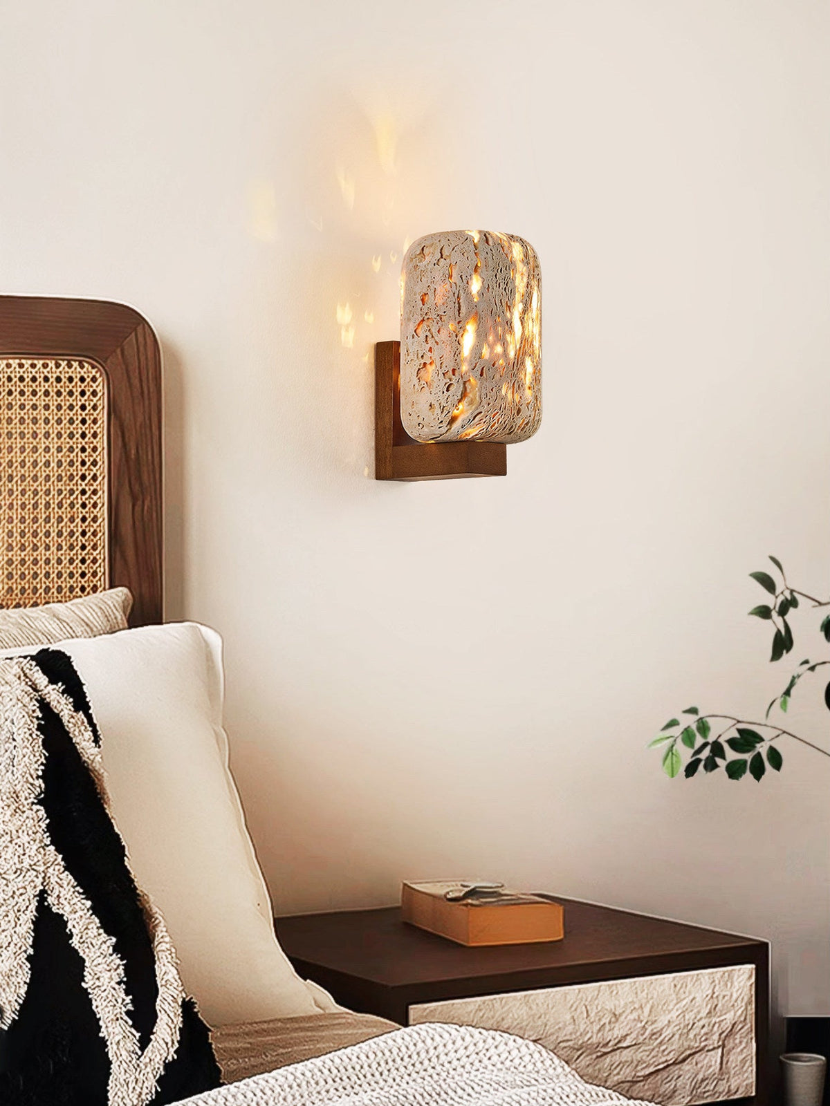 Edenstone Travertine Wall Sconce with Walnut Wood Accent