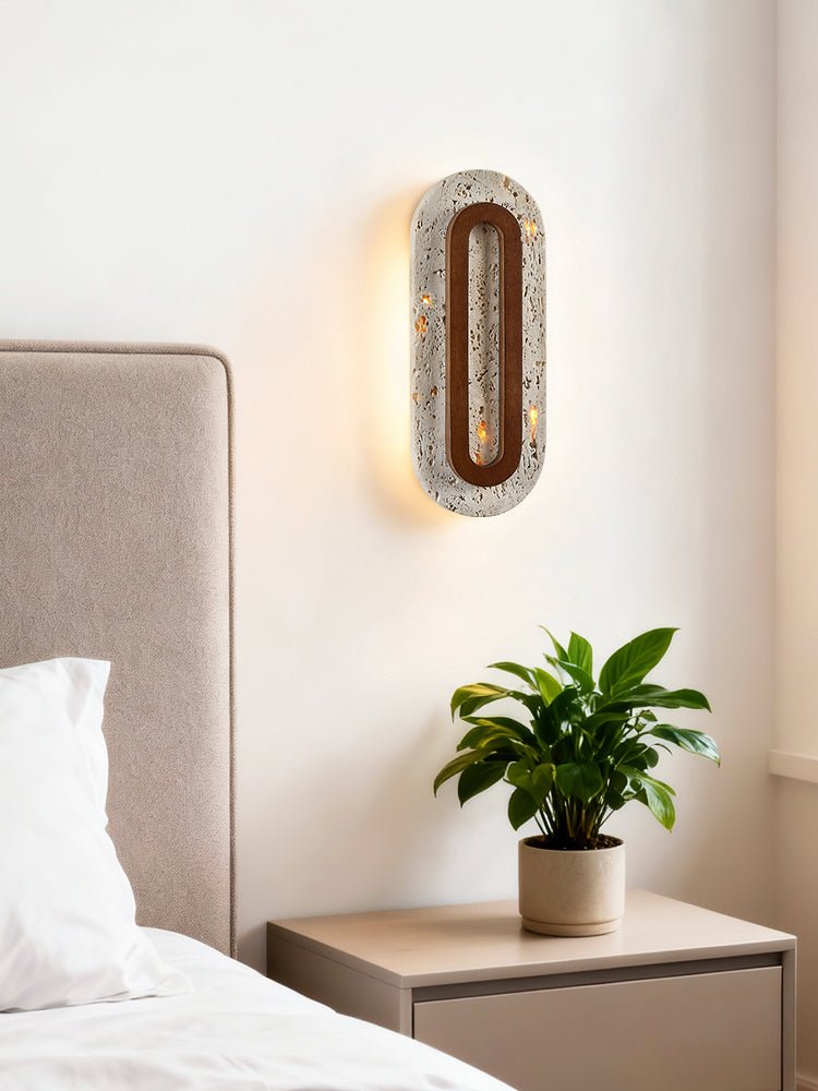Edrin Travertine LED Wall Sconce with Walnut Accent – Modern Sculptural Lighting