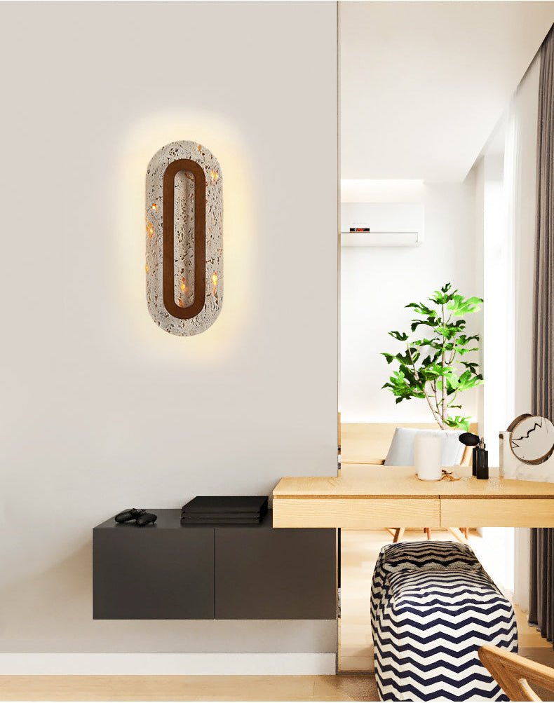 Edrin Travertine LED Wall Sconce with Walnut Accent – Modern Sculptural Lighting