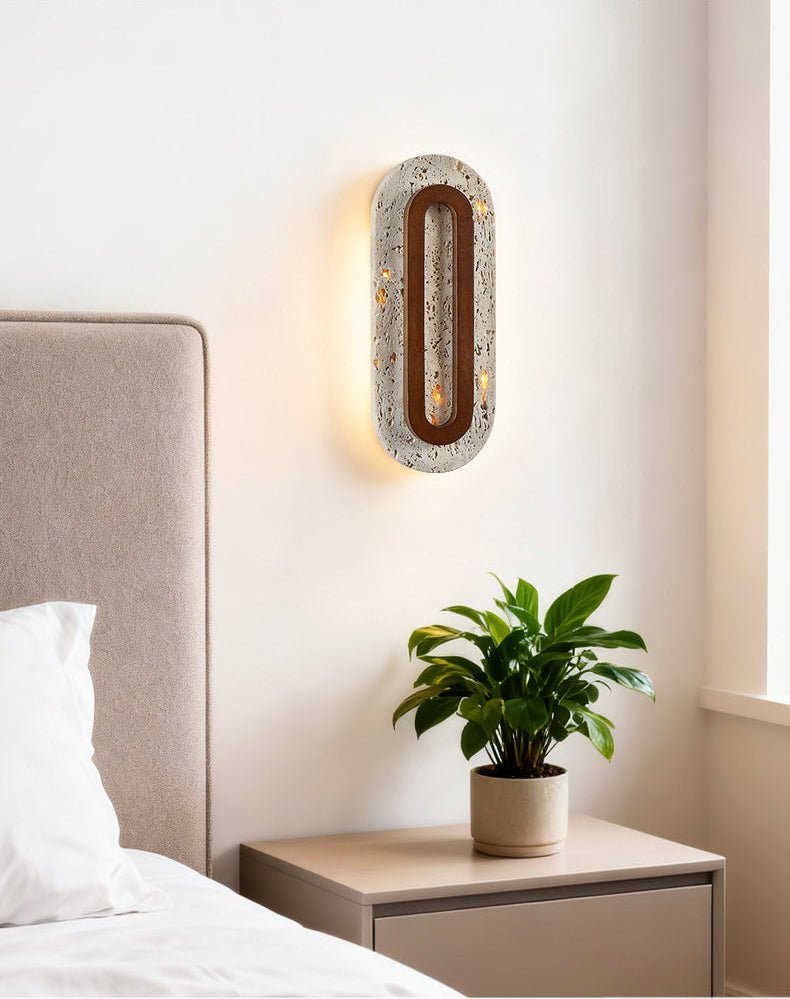 Edrin Travertine LED Wall Sconce with Walnut Accent – Modern Sculptural Lighting