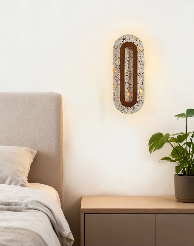 Edrin Travertine LED Wall Sconce with Walnut Accent – Modern Sculptural Lighting