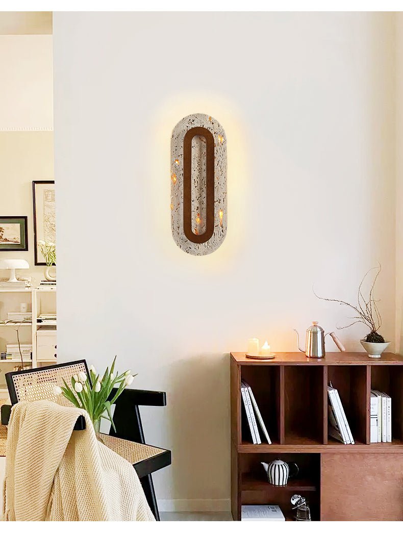 Edrin Travertine LED Wall Sconce with Walnut Accent – Modern Sculptural Lighting