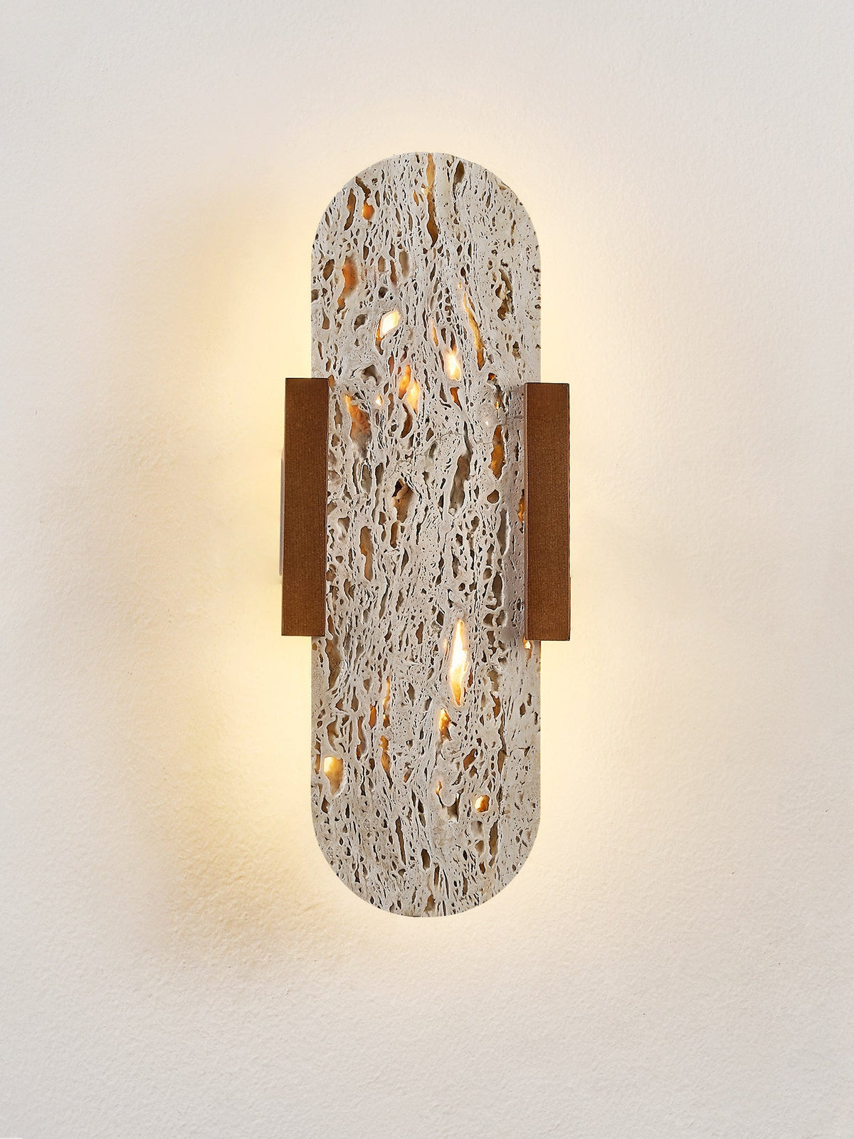 Elara Travertine Wall Sconce with Walnut Accents – Modern LED Wall Light