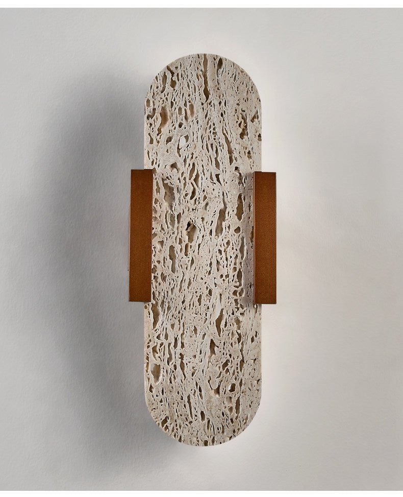 Elara Travertine Wall Sconce with Walnut Accents – Modern LED Wall Light