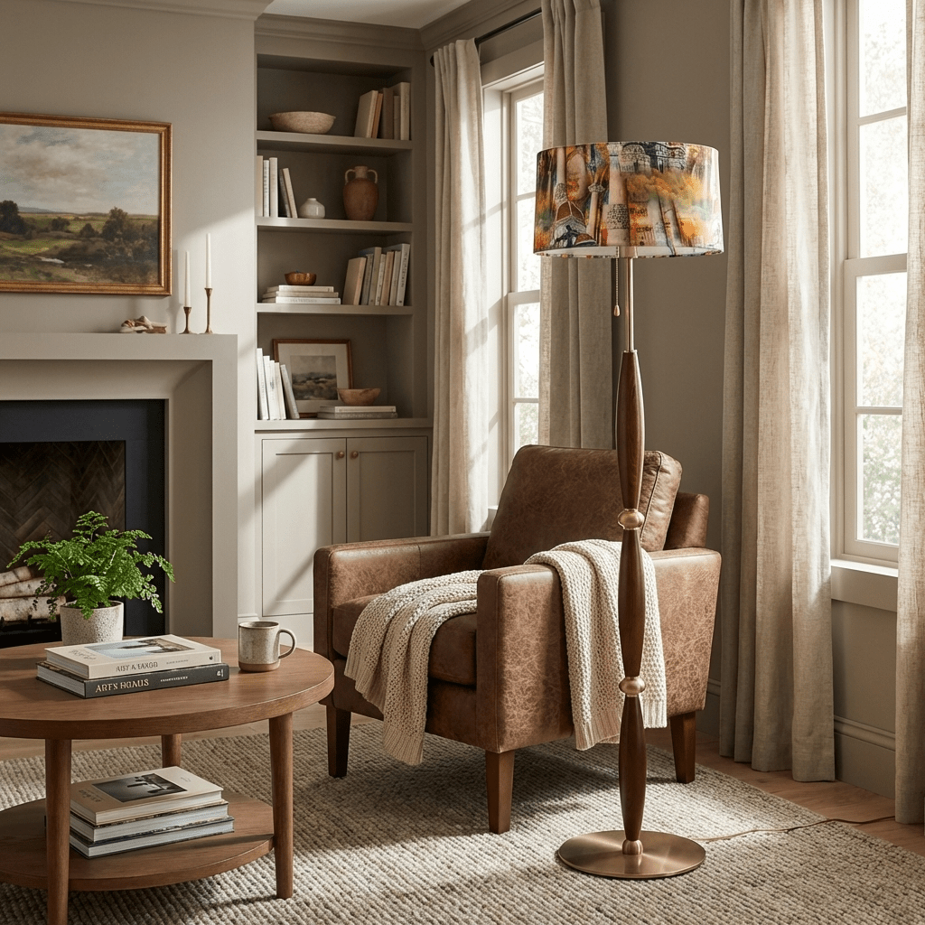 Elara Sculptural Floor Lamp with Fabric Drum Shade for Living Room & Bedroom