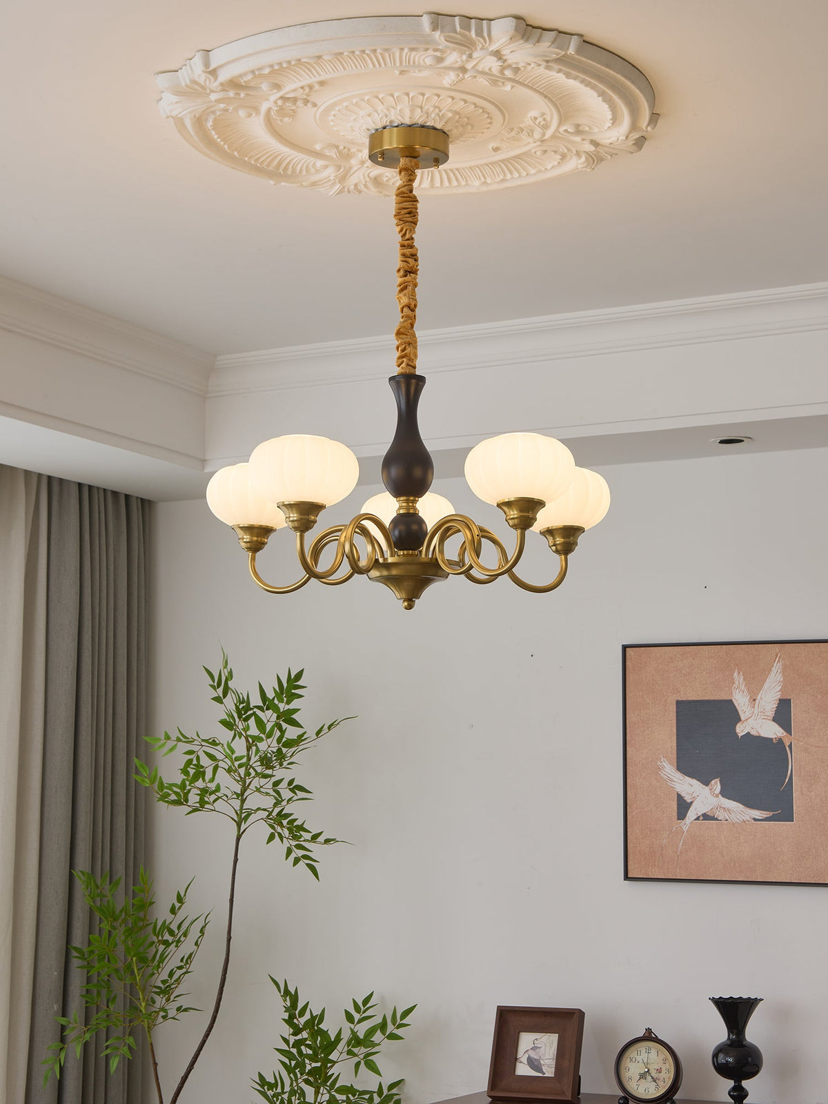 Elaris Modern Glass and Wood Chandelier with Brass Accents for Dining Room and Living Room