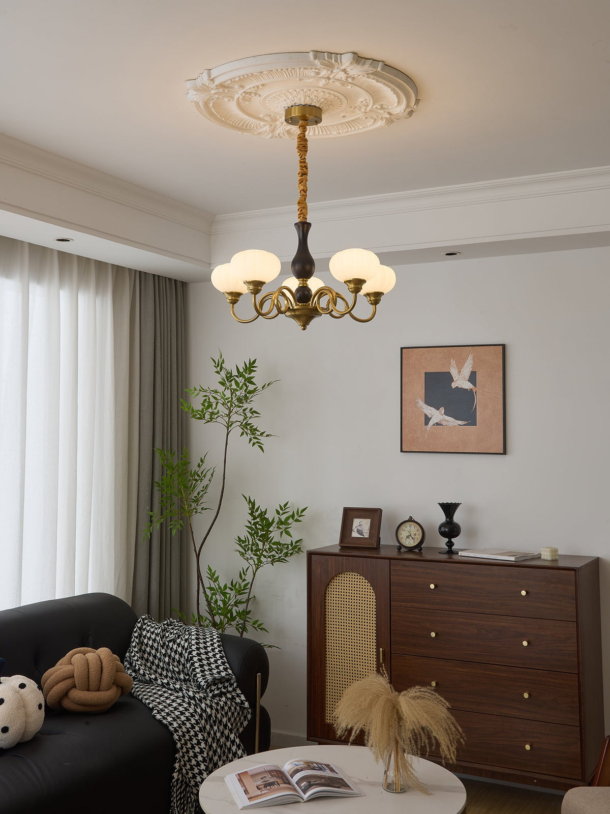 Elaris Modern Glass and Wood Chandelier with Brass Accents for Dining Room and Living Room