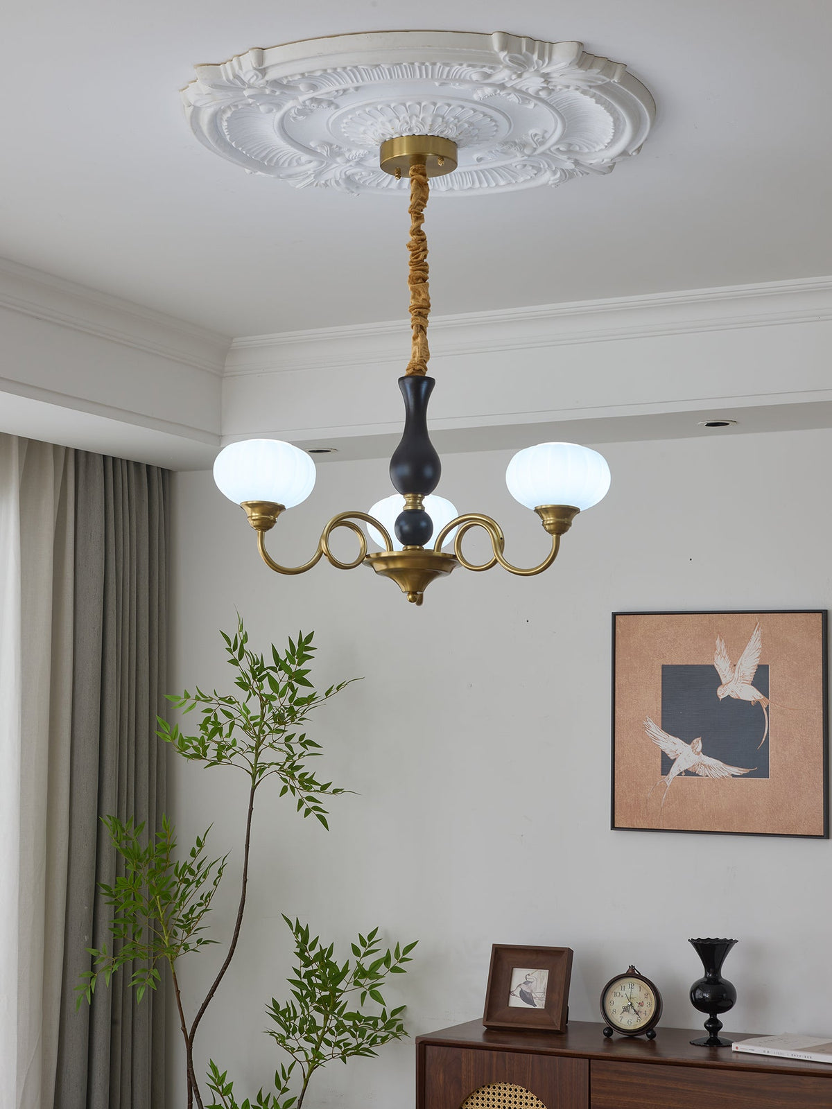 Elaris Modern Glass and Wood Chandelier with Brass Accents for Dining Room and Living Room