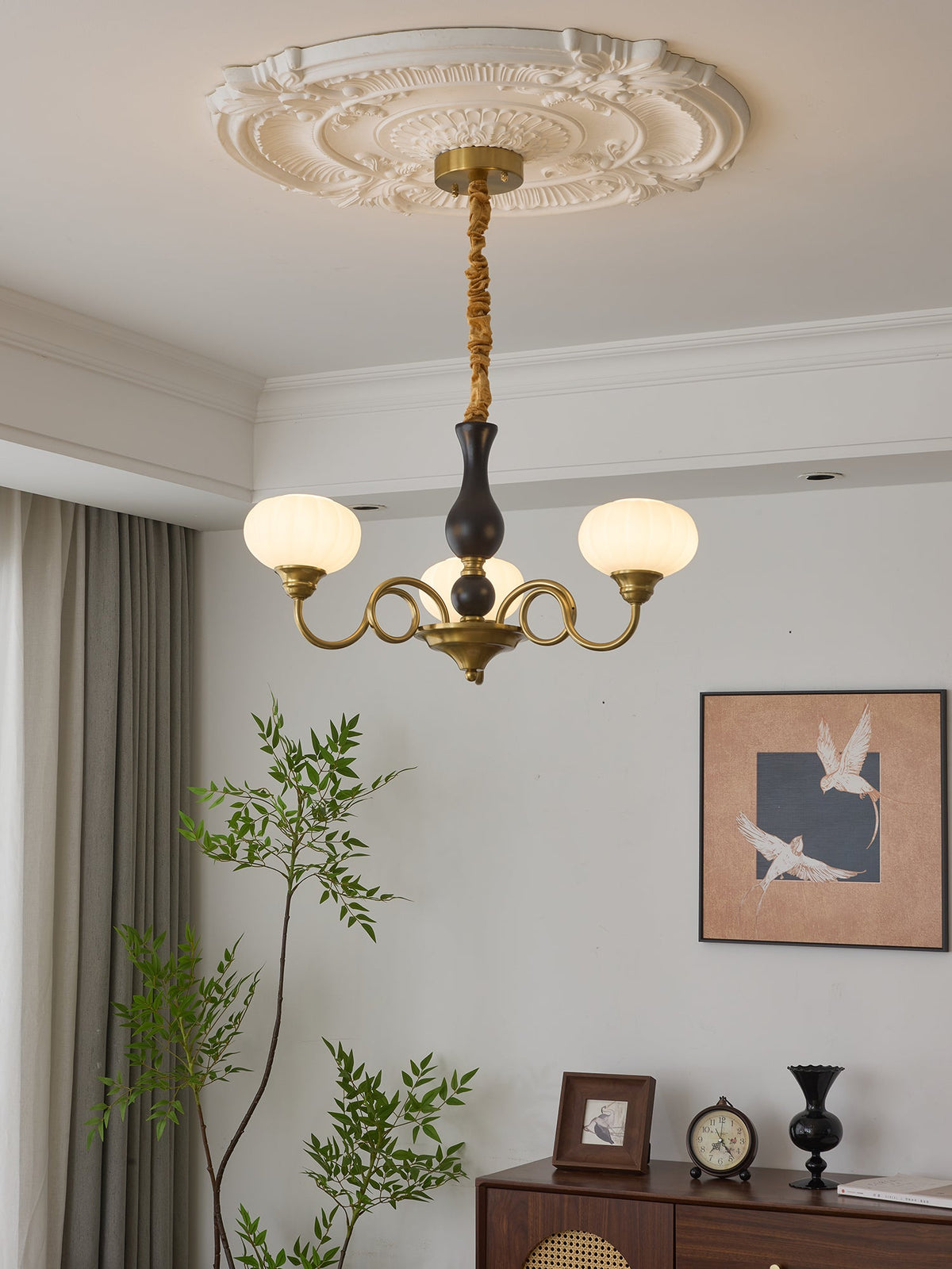 Elaris Modern Glass and Wood Chandelier with Brass Accents for Dining Room and Living Room