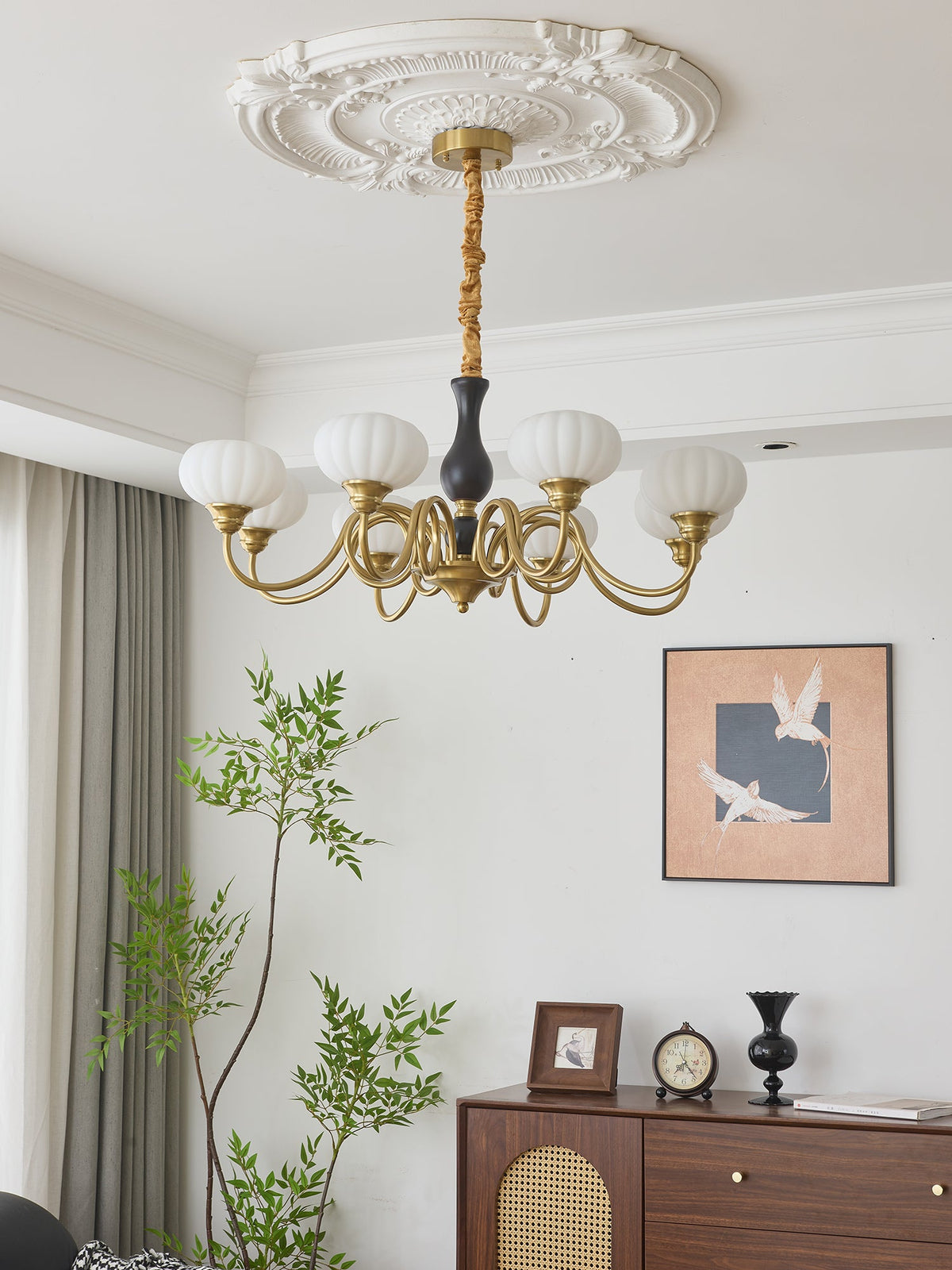 Elaris Modern Glass and Wood Chandelier with Brass Accents for Dining Room and Living Room