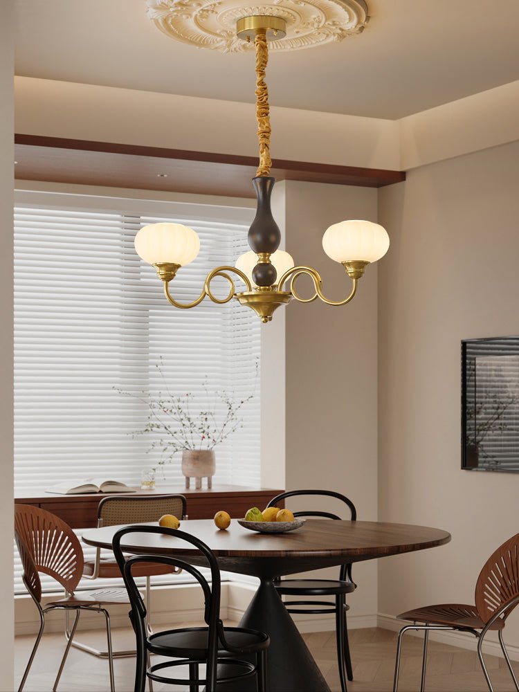 Elaris Modern Glass and Wood Chandelier with Brass Accents for Dining Room and Living Room