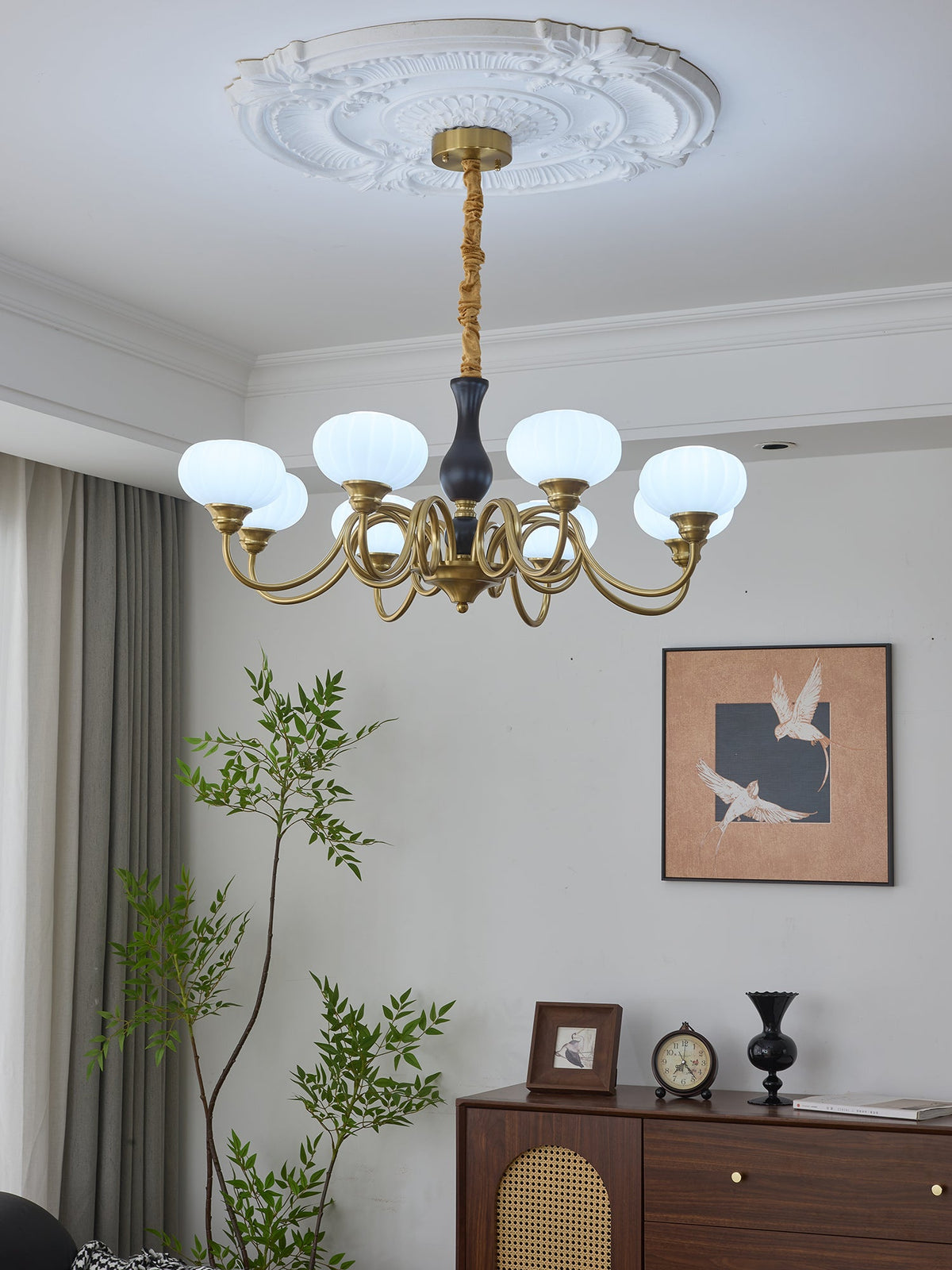 Elaris Modern Glass and Wood Chandelier with Brass Accents for Dining Room and Living Room