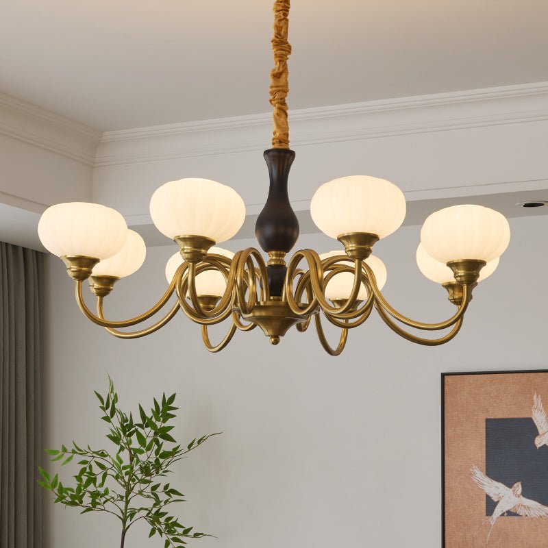 Elaris Modern Glass and Wood Chandelier with Brass Accents for Dining Room and Living Room