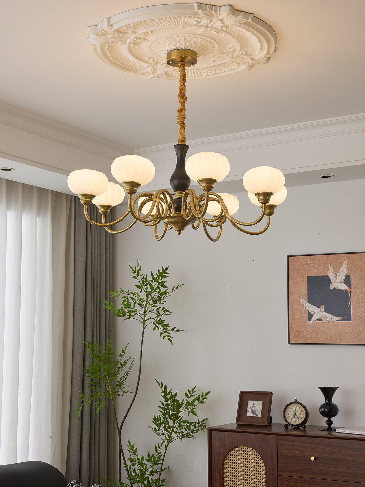 Elaris Modern Glass and Wood Chandelier with Brass Accents for Dining Room and Living Room