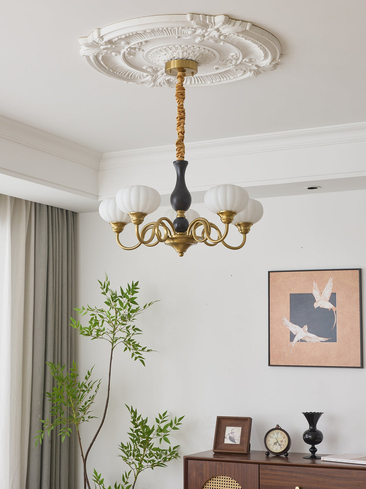Elaris Modern Glass and Wood Chandelier with Brass Accents for Dining Room and Living Room