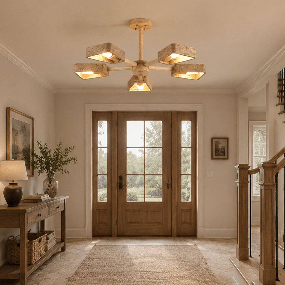 Elementa Travertine Chandelier — Modern Wood & Stone Pendant Light