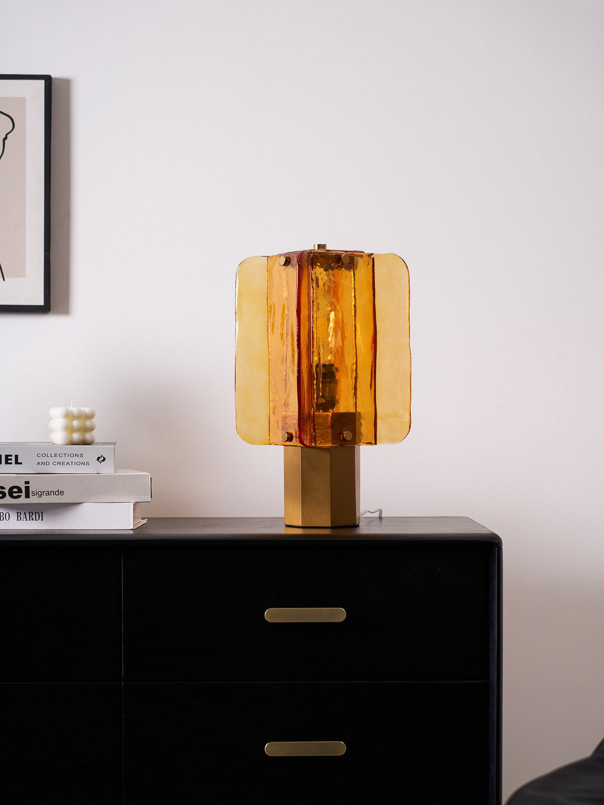 Aurelia Amber Glass Table Lamp with Brass Base for Bedside and Living Room