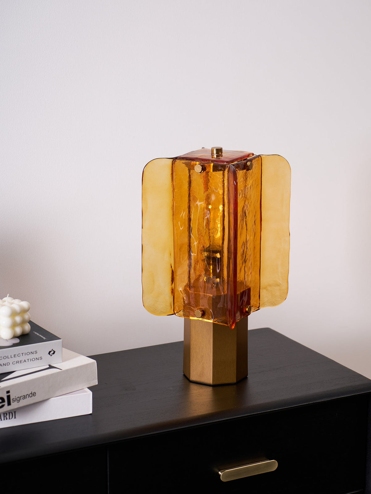 Aurelia Amber Glass Table Lamp with Brass Base for Bedside and Living Room
