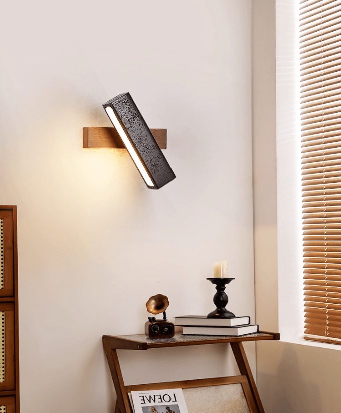 Elias Wall Sconce in Black Travertine and Walnut Wood