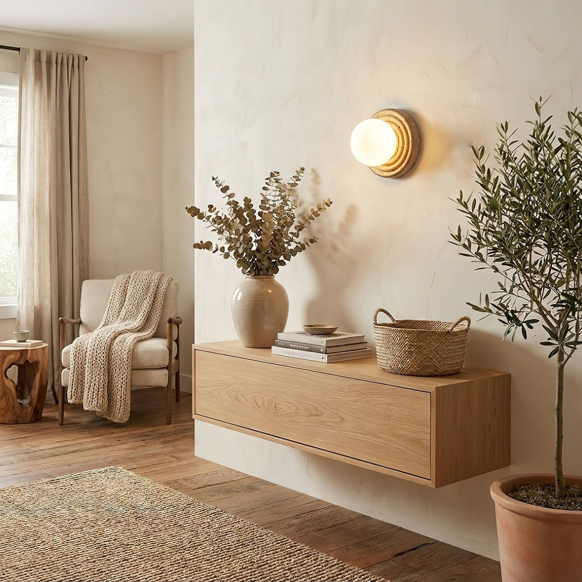 Elira Wall Sconce in Yellow Travertine with Opal Glass Shade