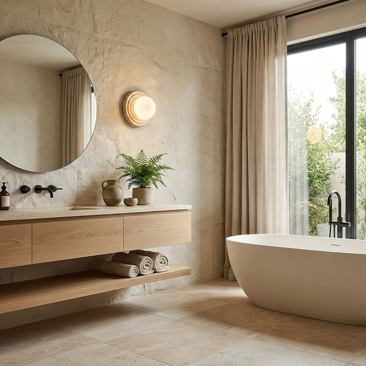 Elira Wall Sconce in Yellow Travertine with Opal Glass Shade