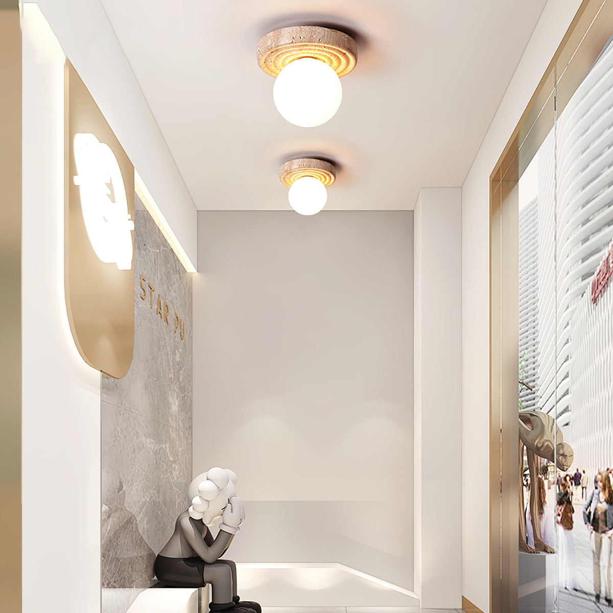 Elira Travertine Flush Mount Ceiling Light with Opal Glass Globe