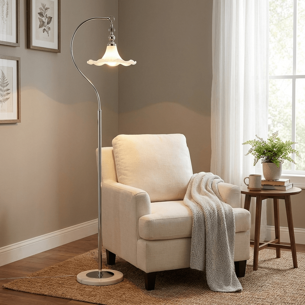 Eloria Arc Floor Lamp – Modern Curved Metal Frame with Scalloped Glass Shade