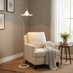 Eloria Arc Floor Lamp – Modern Curved Metal Frame with Scalloped Glass Shade
