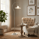 Eloria Arc Floor Lamp – Modern Curved Metal Frame with Scalloped Glass Shade