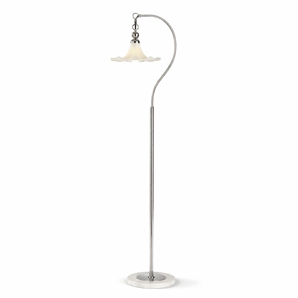 Eloria Arc Floor Lamp – Modern Curved Metal Frame with Scalloped Glass Shade