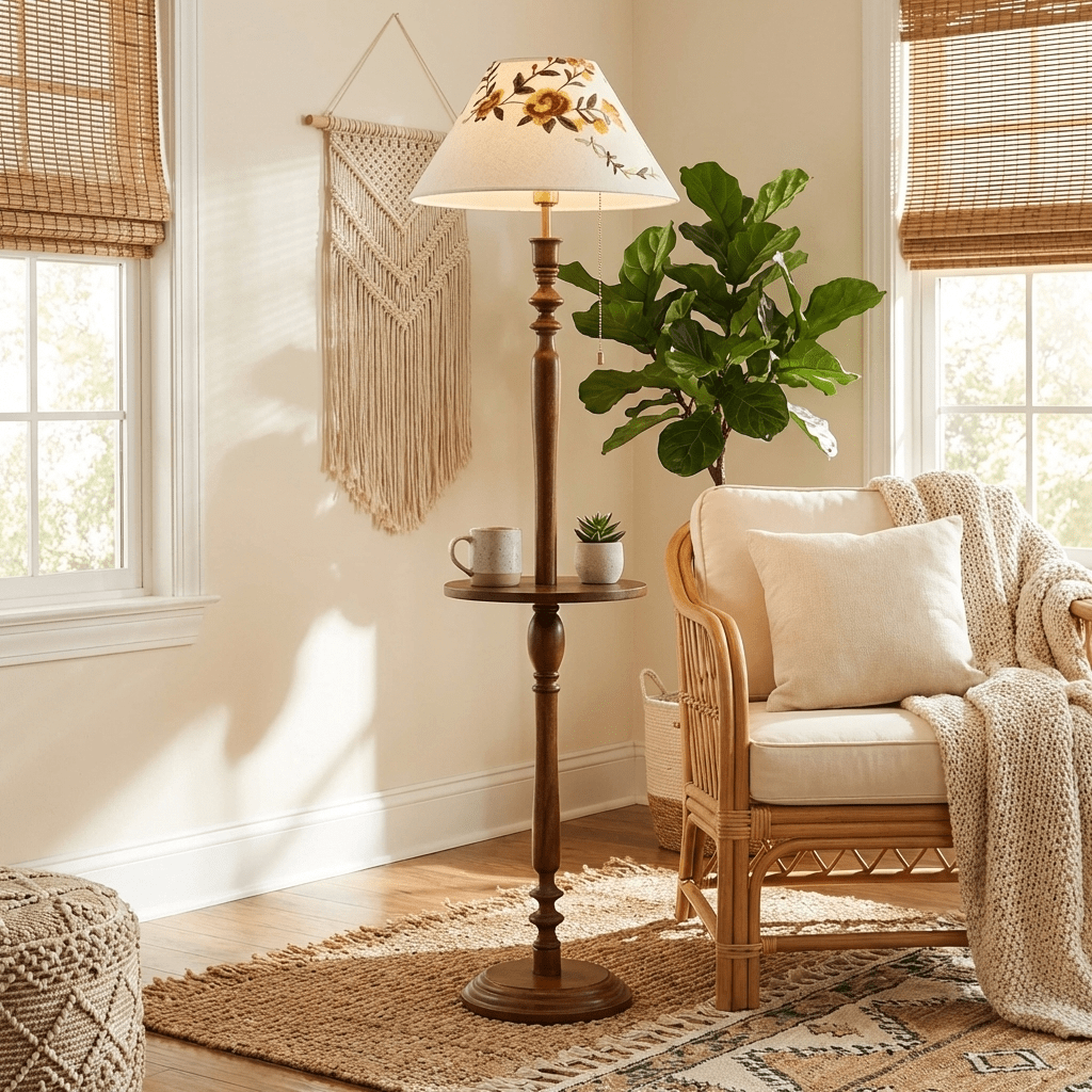 Elowen Bloom Side Floor Lamp with Walnut Table and Floral Shade