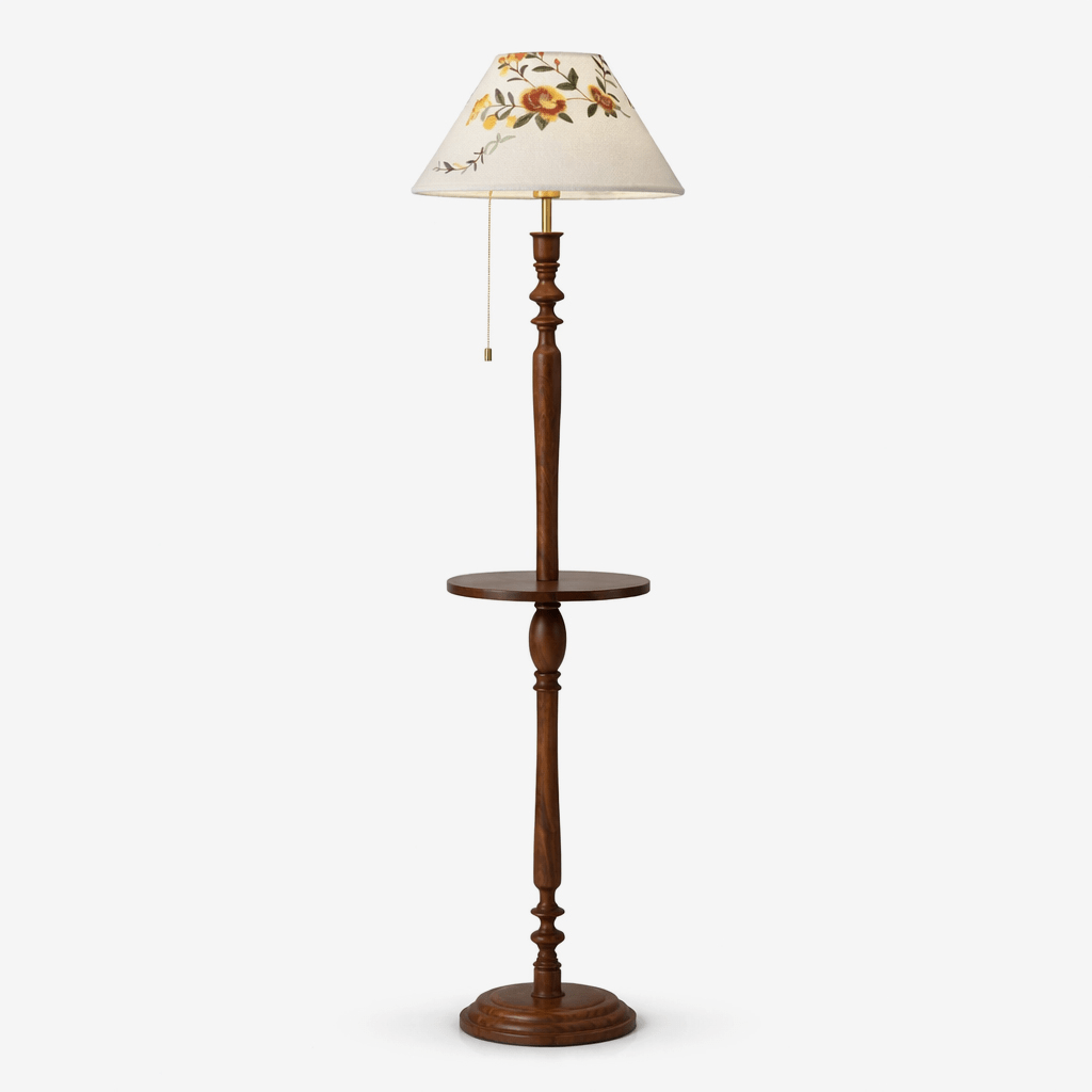 Elowen Bloom Side Floor Lamp with Walnut Table and Floral Shade