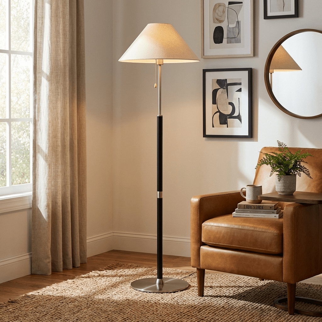 Elowen Classic Floor Lamp – Modern Wood & Fabric Standing Light for Living Room