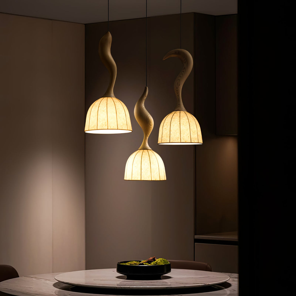 Elowen Twisted Wood Pendant Light – Sculptural Designer Ceiling Lamp
