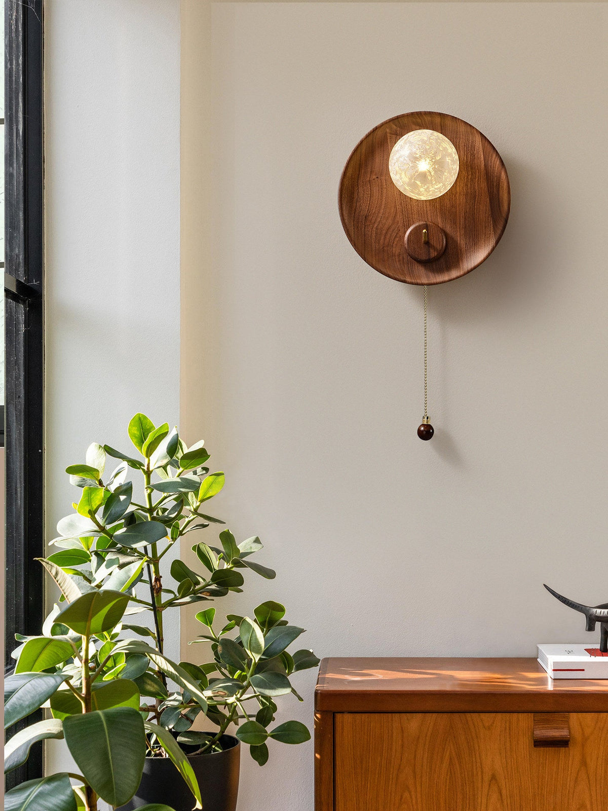 Elwood Pull Wall Sconce in Walnut and White Glass