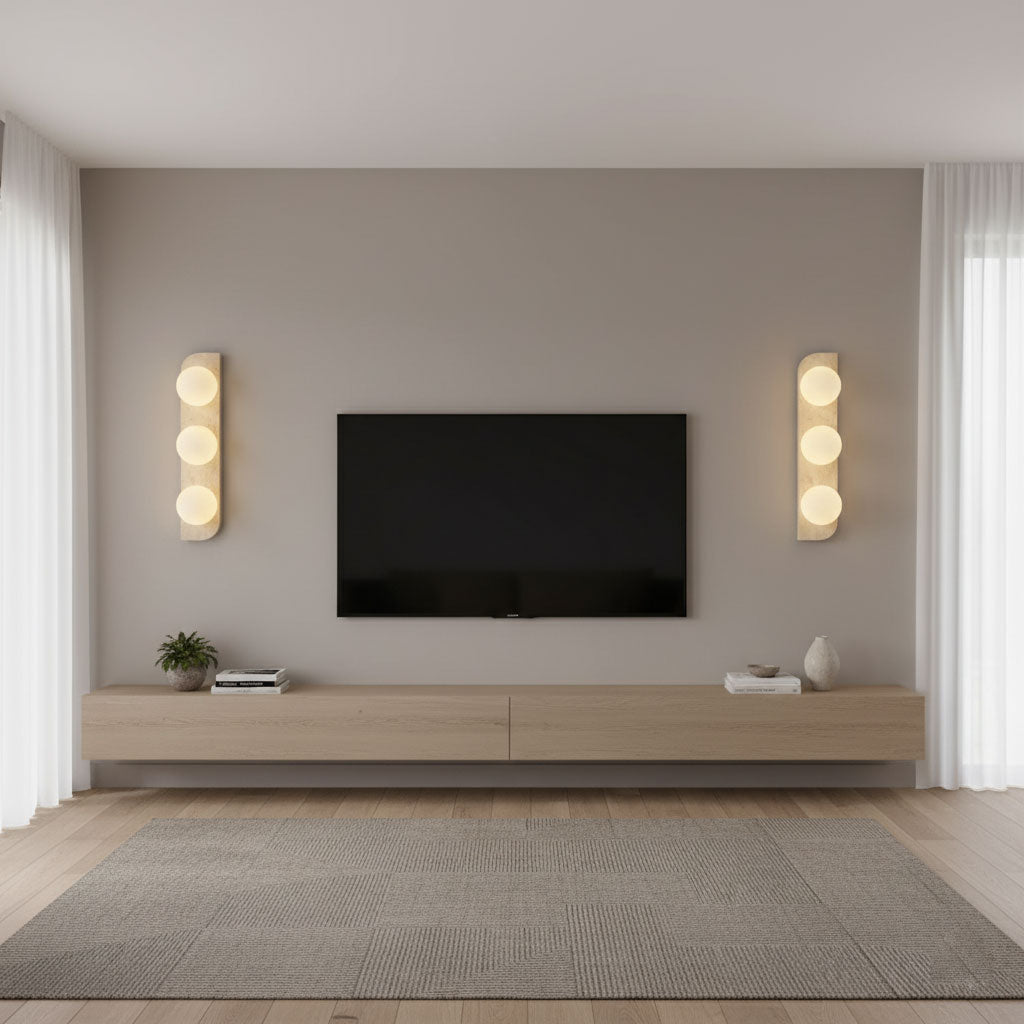 Elysian Travertine Wall Sconce with Glass Globes – Modern Natural Stone Lighting