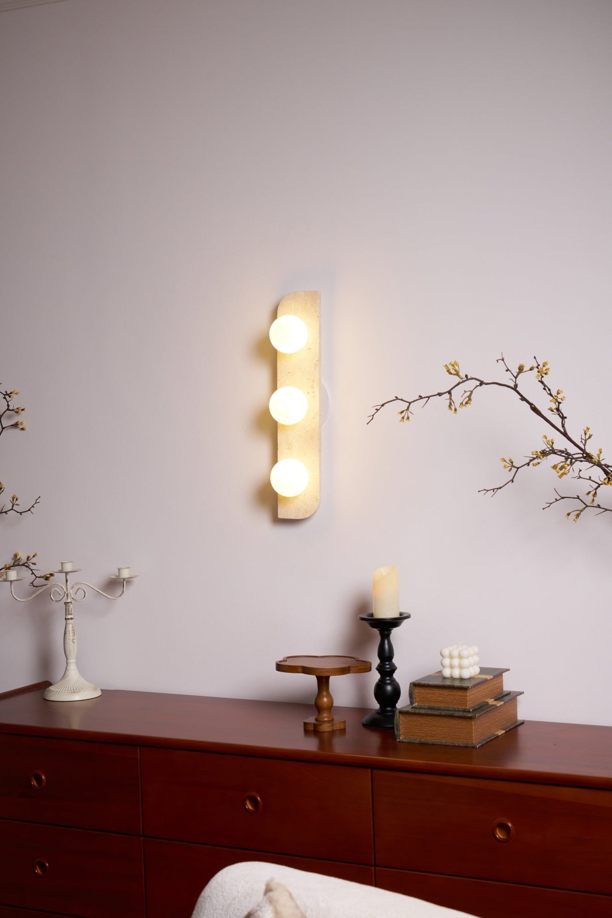 Elysian Travertine Wall Sconce with Glass Globes – Modern Natural Stone Lighting