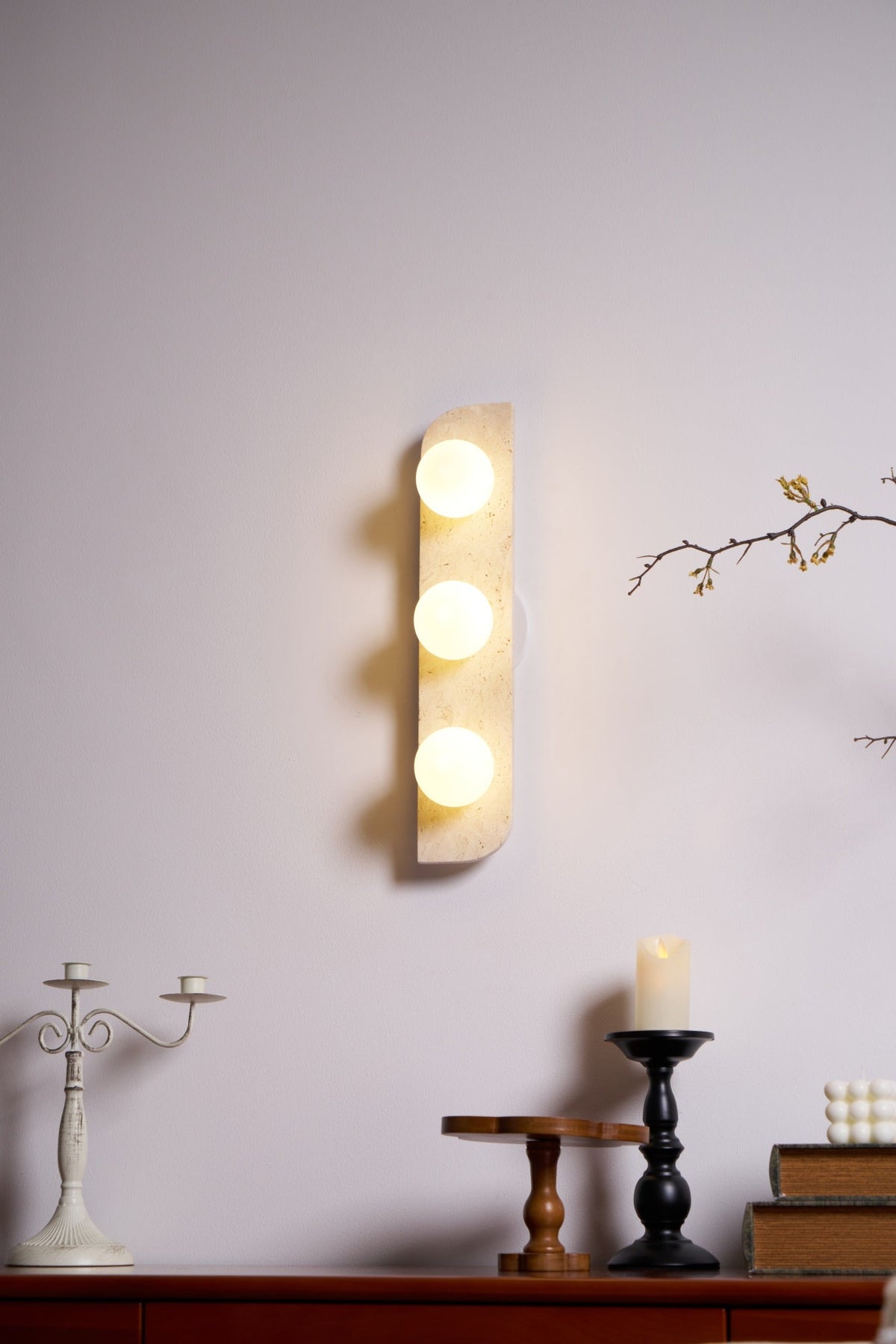 Elysian Travertine Wall Sconce with Glass Globes – Modern Natural Stone Lighting