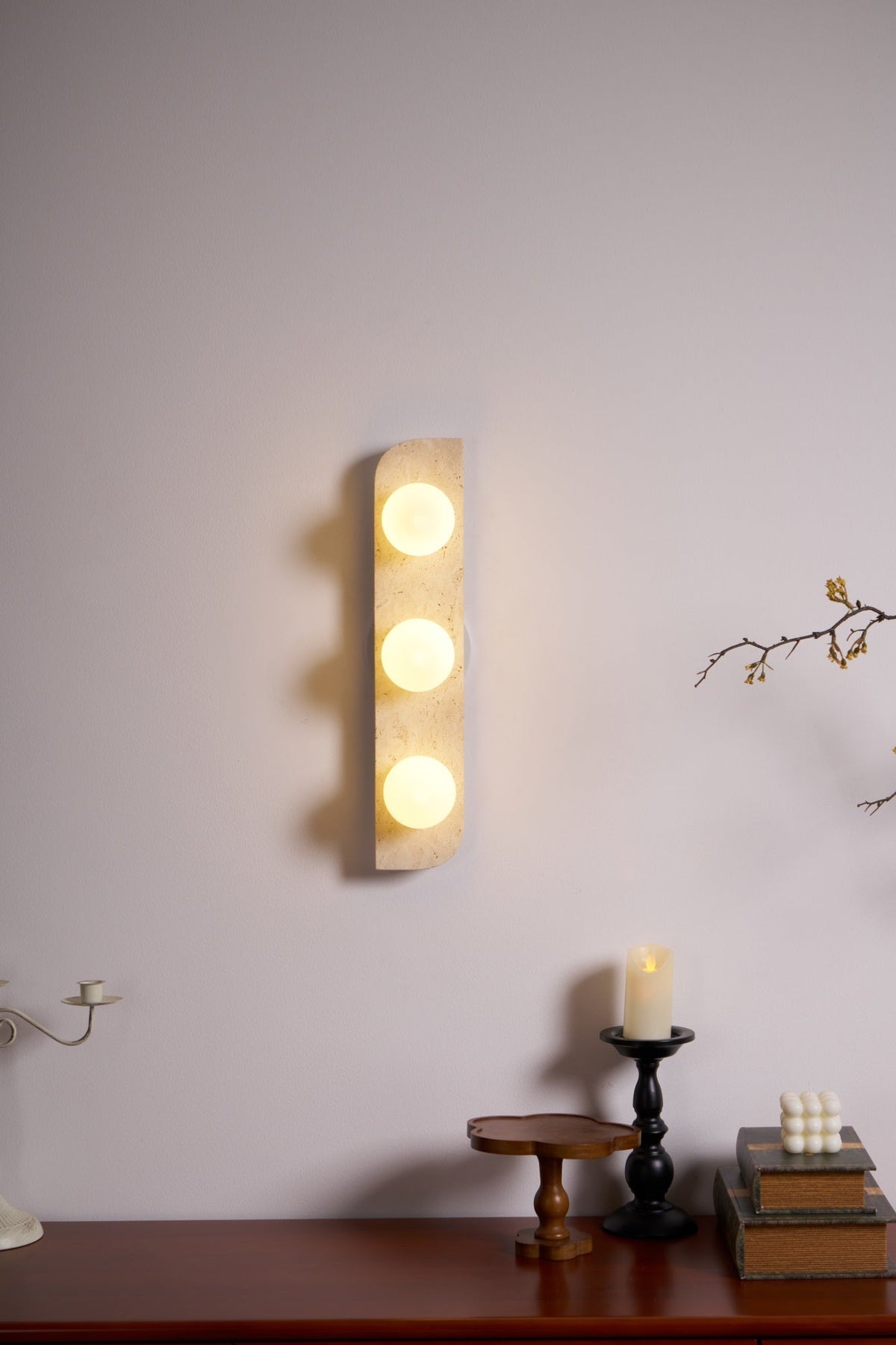Elysian Travertine Wall Sconce with Glass Globes – Modern Natural Stone Lighting