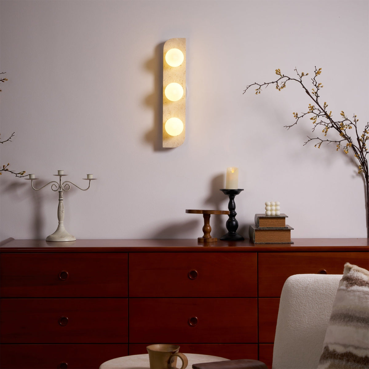 Elysian Travertine Wall Sconce with Glass Globes – Modern Natural Stone Lighting