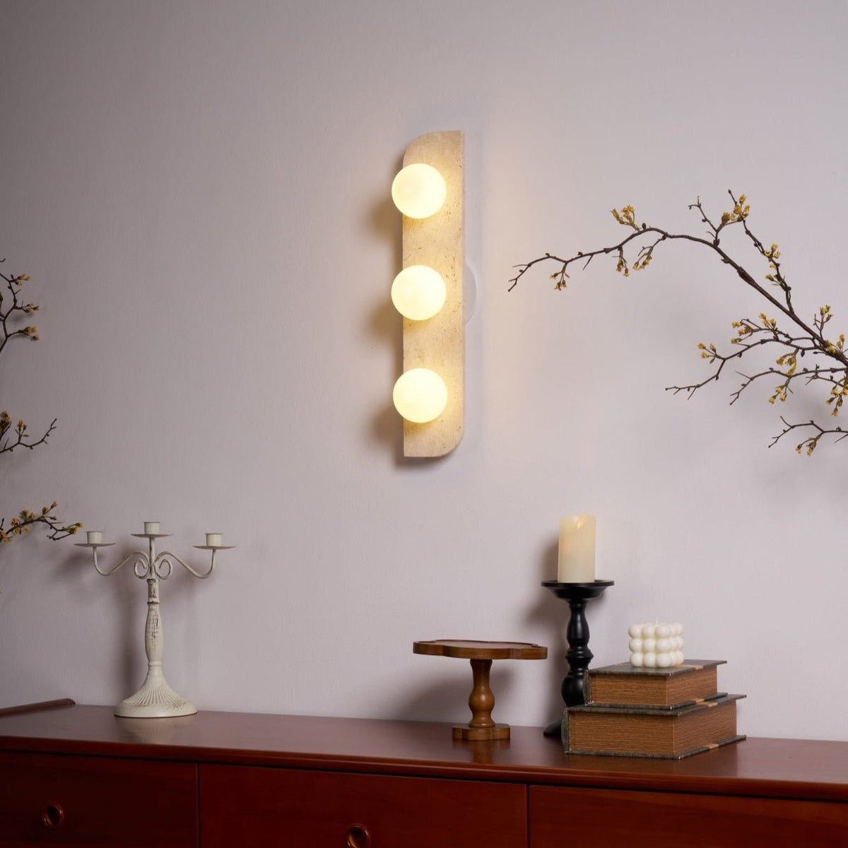 Elysian Travertine Plug-in Wall Sconce with Glass Globes