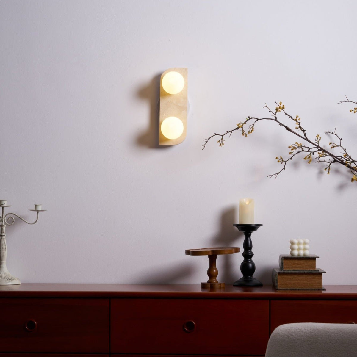 Elysian Travertine Wall Sconce with Glass Globes – Modern Natural Stone Lighting