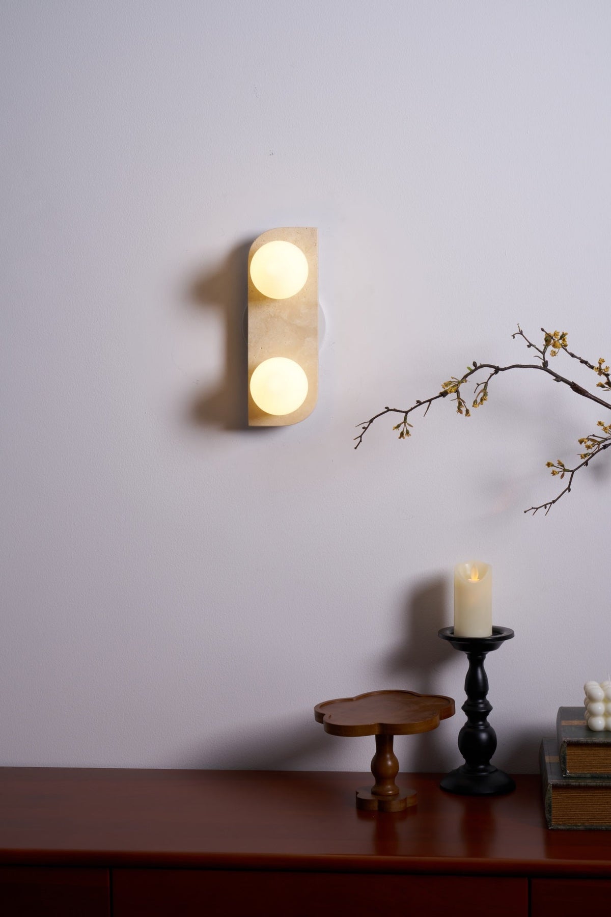 Elysian Travertine Wall Sconce with Glass Globes – Modern Natural Stone Lighting