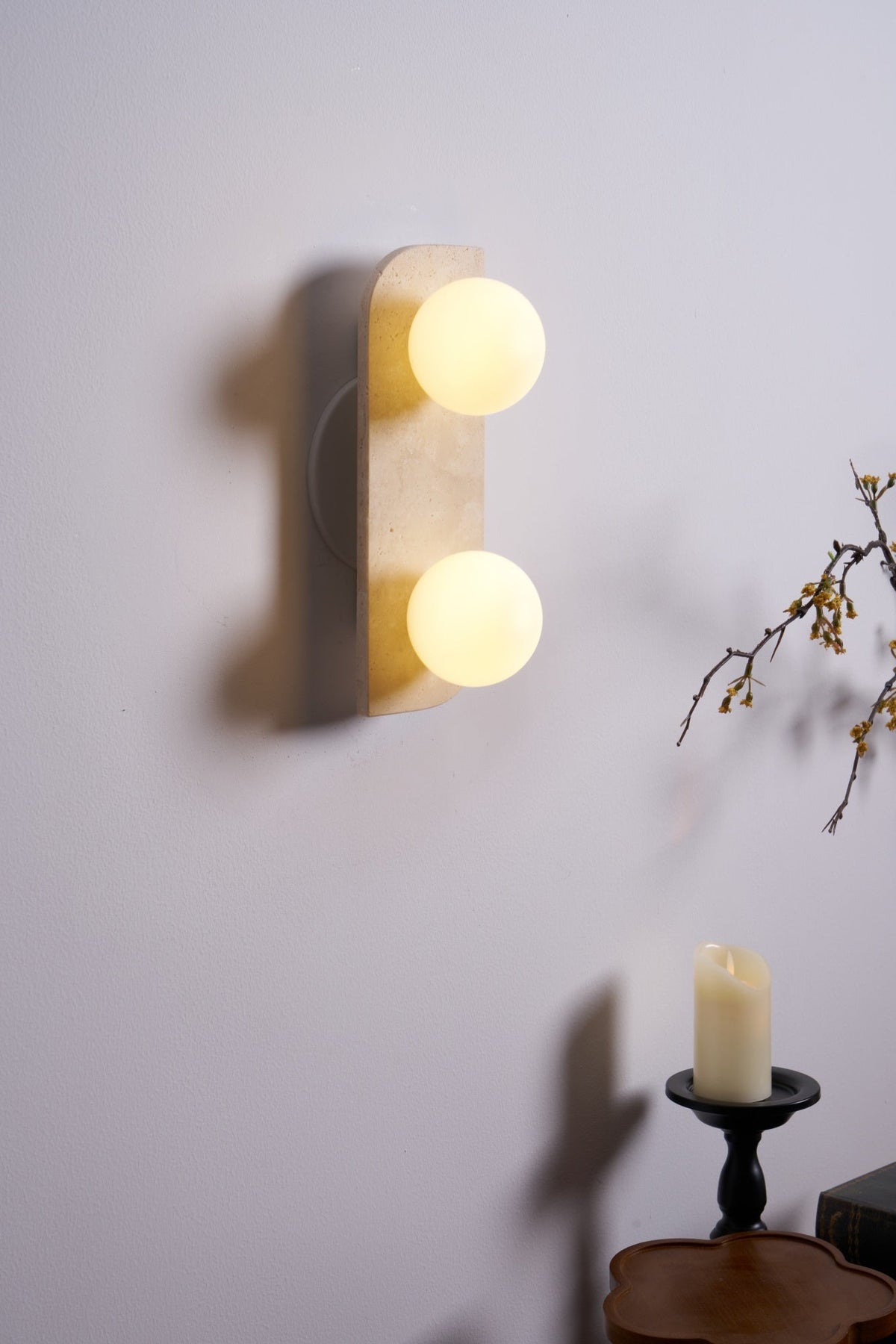 Elysian Travertine Wall Sconce with Glass Globes – Modern Natural Stone Lighting