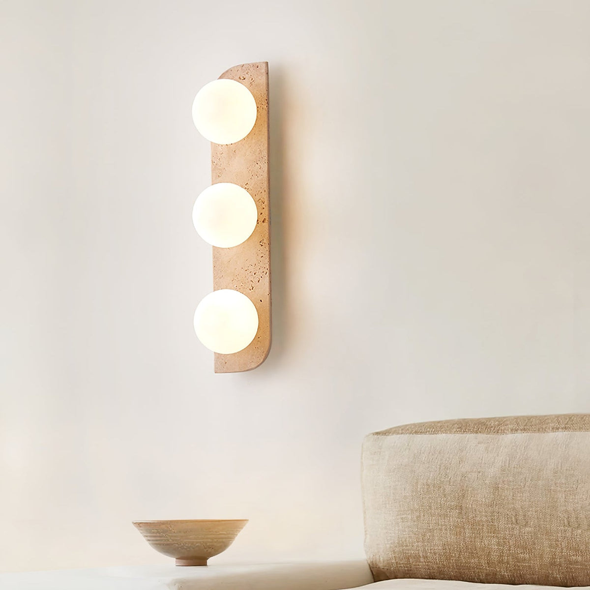 Elysian Travertine Wall Sconce with Glass Globes – Modern Natural Stone Lighting