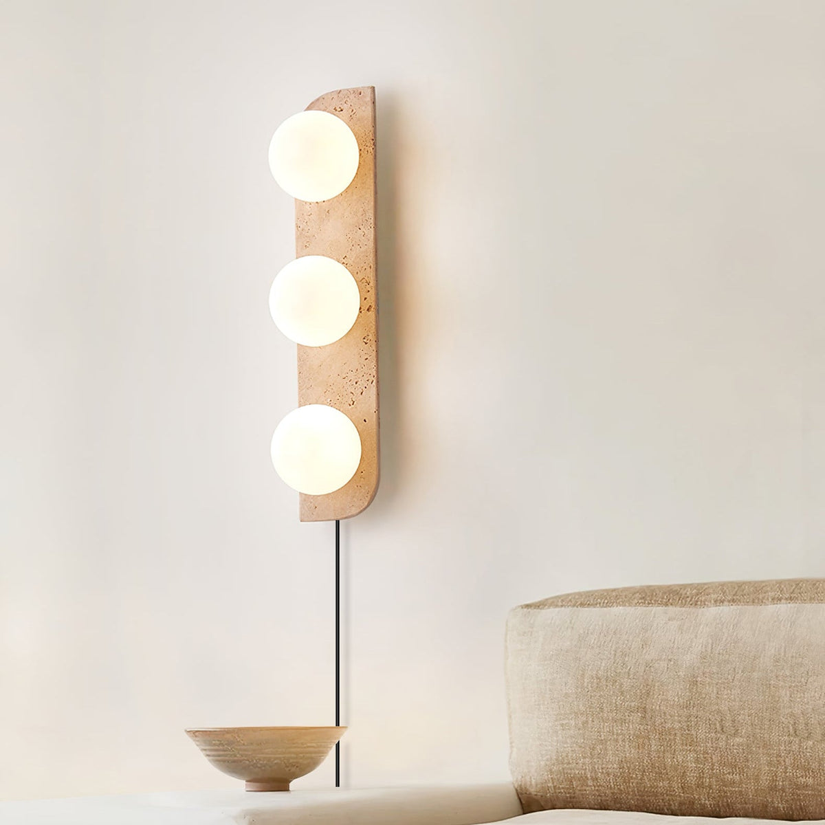 Elysian Travertine Plug-in Wall Sconce with Glass Globes