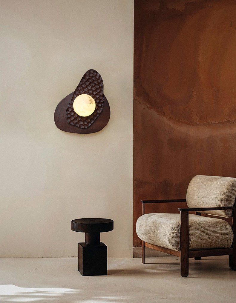 Ember Nest Wall Sconce with Alabaster Sphere and Walnut Backplate