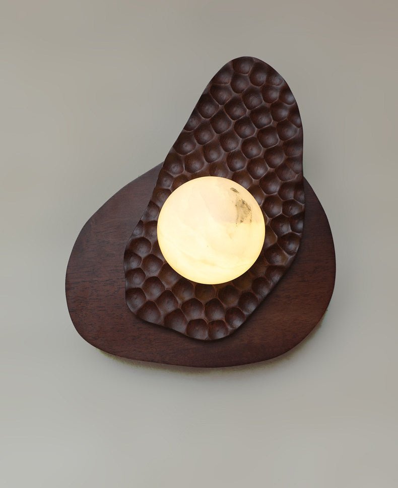 Ember Nest Wall Sconce with Alabaster Sphere and Walnut Backplate