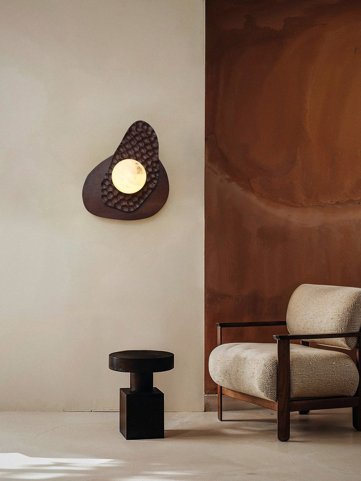 Ember Nest Wall Sconce with Alabaster Sphere and Walnut Backplate